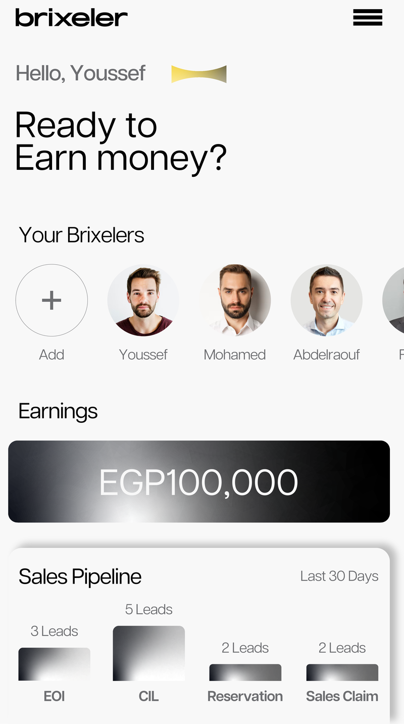 Brixeler app home screen showing earnings, sales pipeline, and broker network